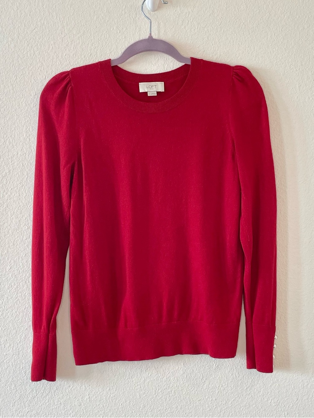 LOFT Red Puff-Sleeve Crewneck Sweater